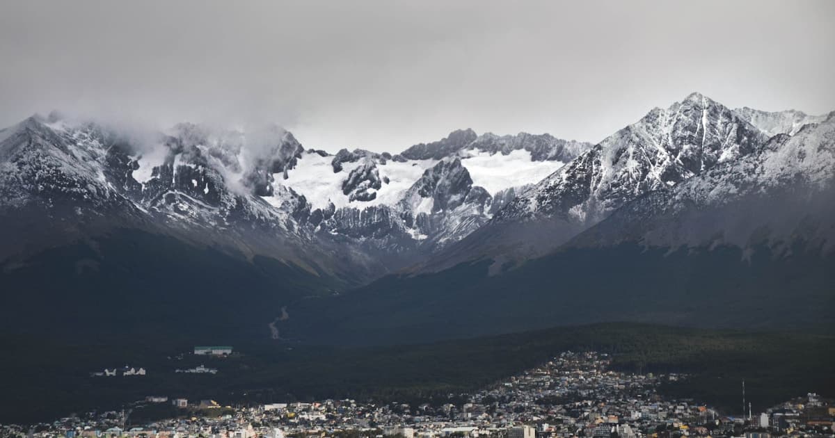 Snow-covered Patagonian mountains near Punta Arenas at the tip of Chile