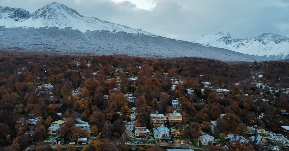 Aerial view of Ushuaia, the southernmost city in the world, surrounded by Patagonian mountains
