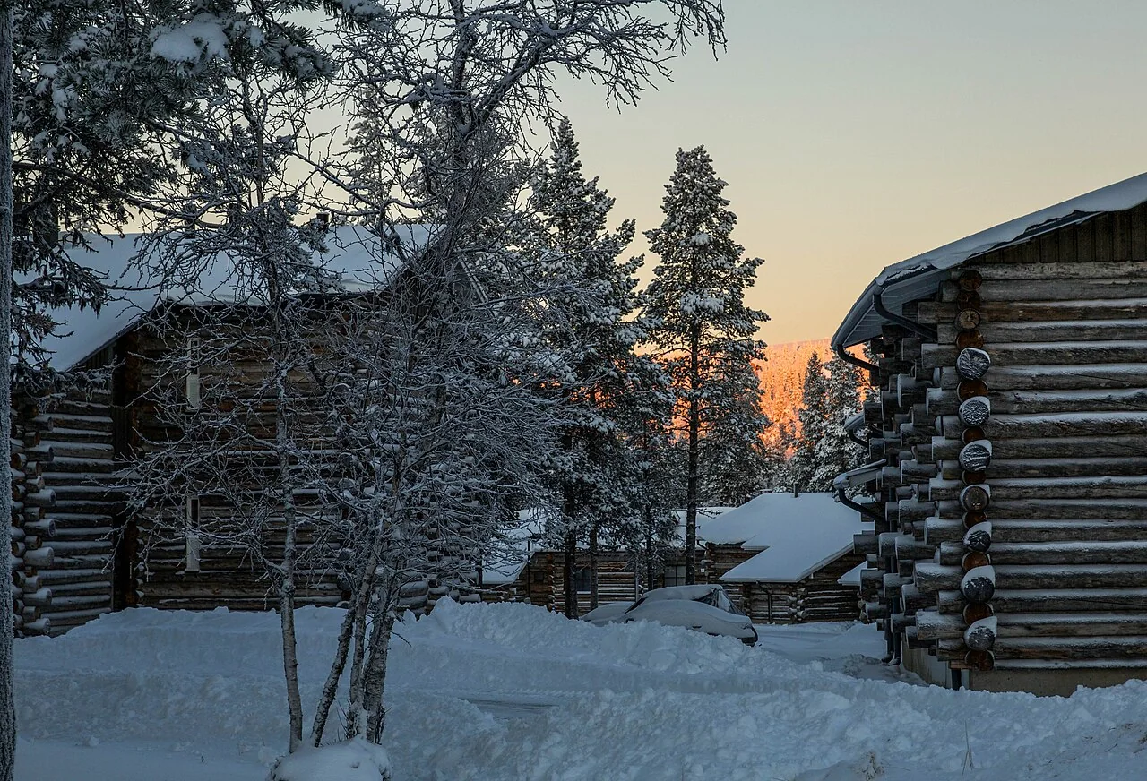 Snow-covered cabins at Saariselkä in Finnish Lapland