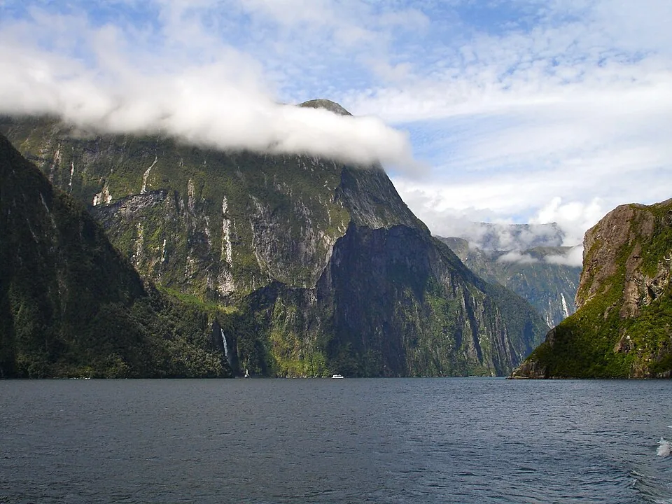 Milford Sound cliffs seen from the water in New Zealand